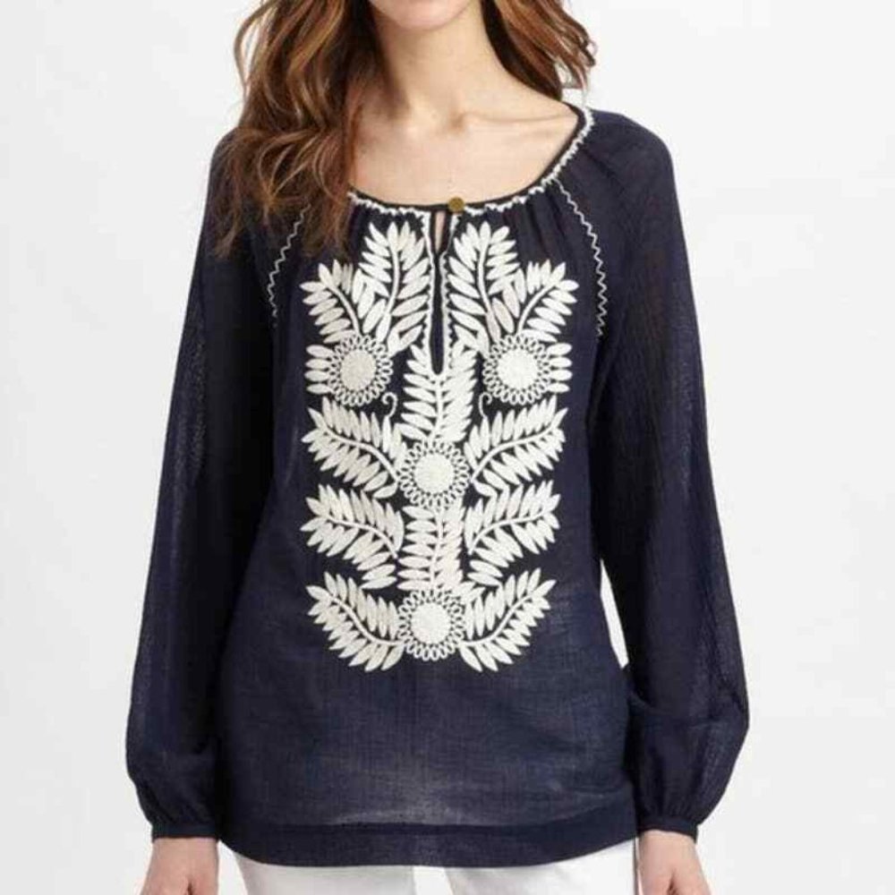 Tory Burch Navy and White Embroidered Kinsley Top L EUC